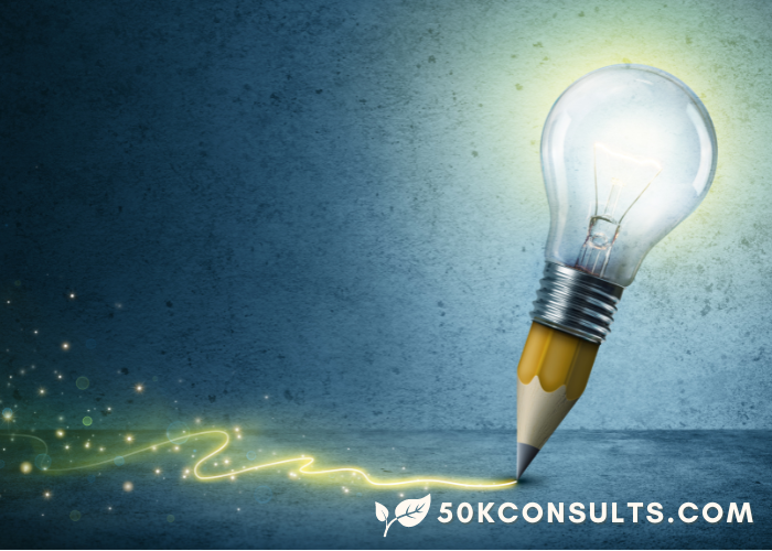 Sustainable consulting service. A pencil with a light bulb attached with yellow light coming from the pencil tip illuminating ideas. An ivory leaf and 50kconsults.com logo appear in the bottom right corner. Heather Deveaux. 